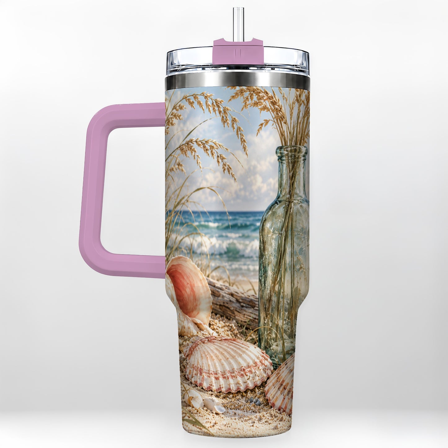 #pl[40oz|Pink] Sea Oats Seashell 40oz Tumbler with Handle, Stainless Steel Travel Cup