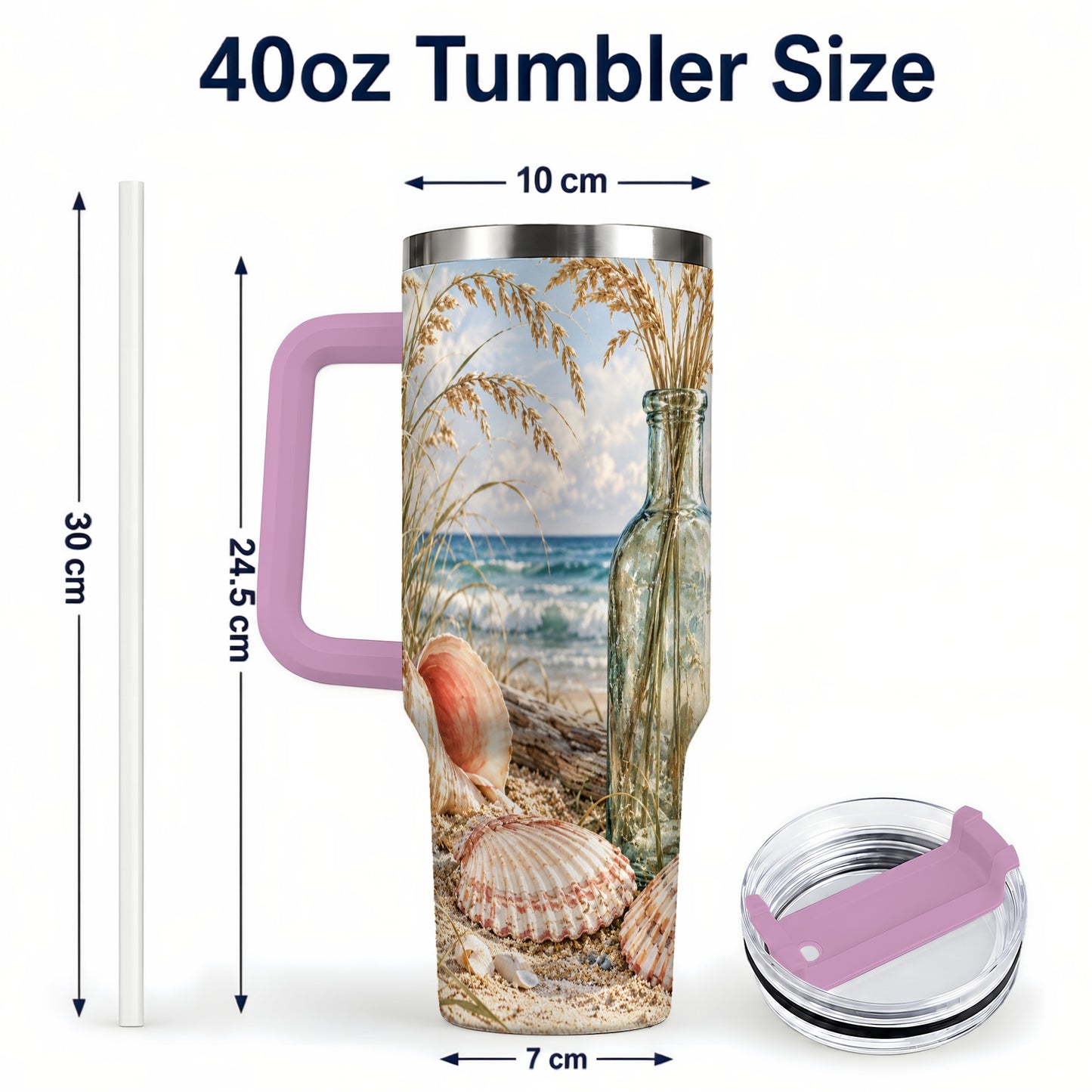 #pl[40oz|Pink] Sea Oats Seashell 40oz Tumbler with Handle, Stainless Steel Travel Cup