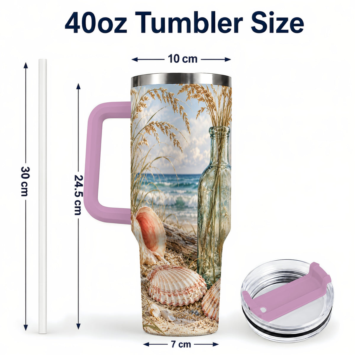 #pl[40oz|Pink] Sea Oats Seashell 40oz Tumbler with Handle, Stainless Steel Travel Cup