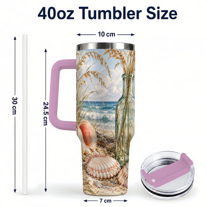 #pl[40oz|Pink] Sea Oats Seashell 40oz Tumbler with Handle, Stainless Steel Travel Cup