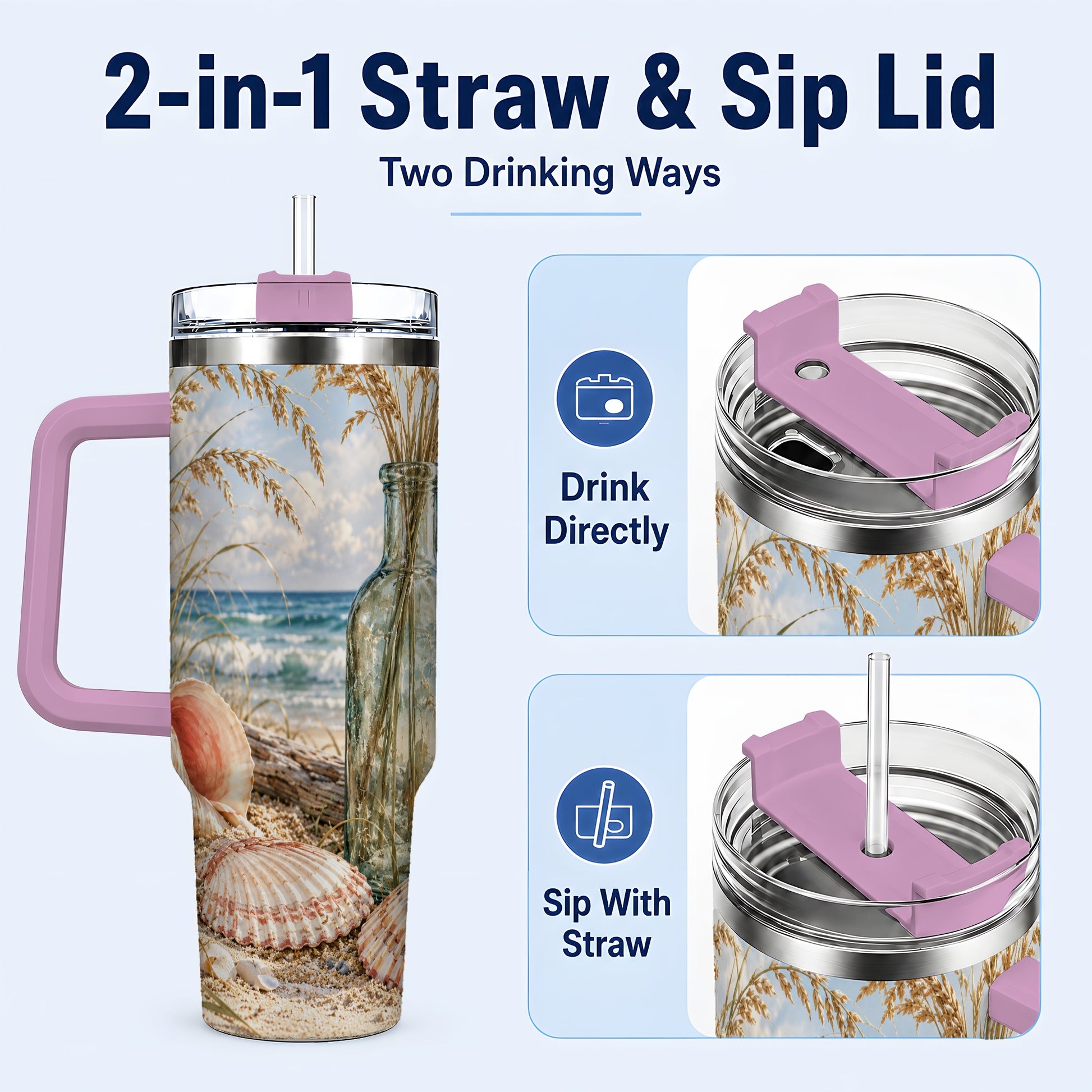 #pl[40oz|Pink] Sea Oats Seashell 40oz Tumbler with Handle, Stainless Steel Travel Cup