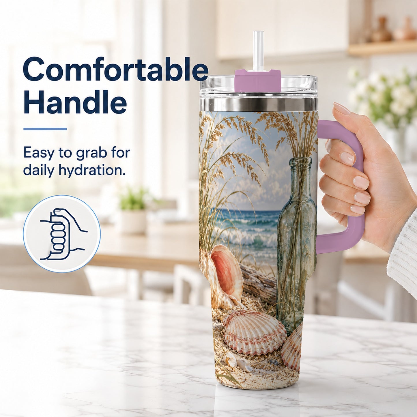 #pl[40oz|Pink] Sea Oats Seashell 40oz Tumbler with Handle, Stainless Steel Travel Cup