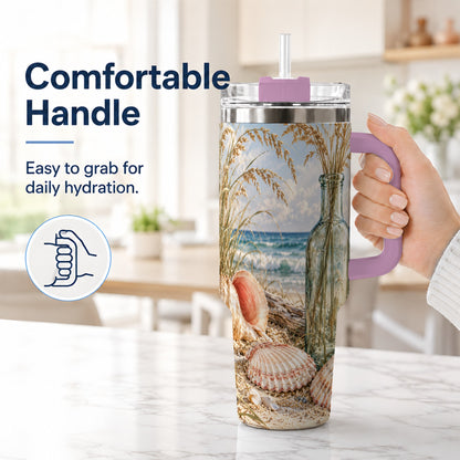 #pl[40oz|Pink] Sea Oats Seashell 40oz Tumbler with Handle, Stainless Steel Travel Cup