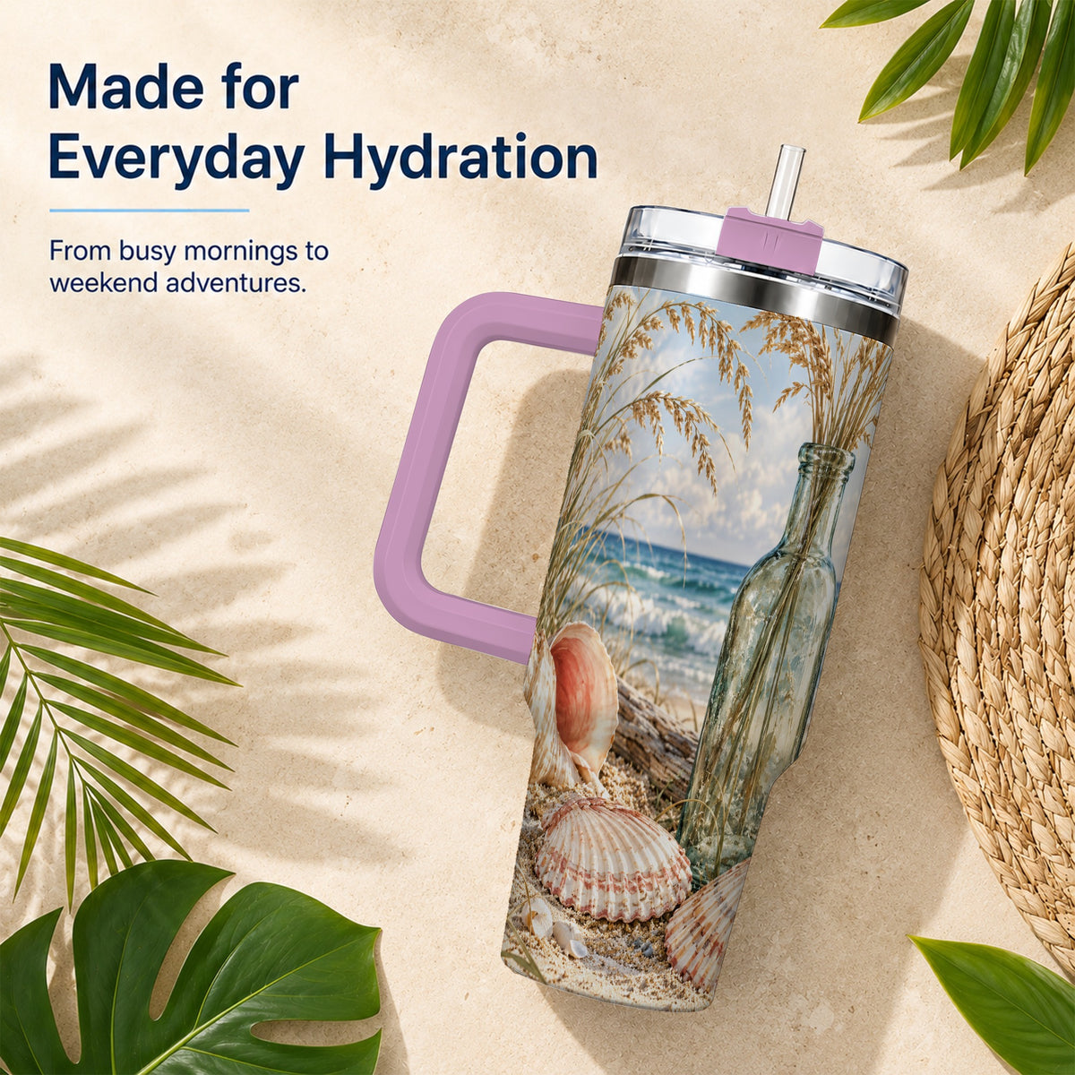 #pl[40oz|Pink] Sea Oats Seashell 40oz Tumbler with Handle, Stainless Steel Travel Cup