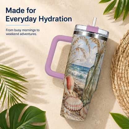 #pl[40oz|Pink] Sea Oats Seashell 40oz Tumbler with Handle, Stainless Steel Travel Cup