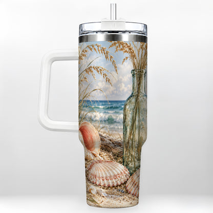 Sea Oats Seashell 40oz Tumbler with Handle, Stainless Steel Travel Cup