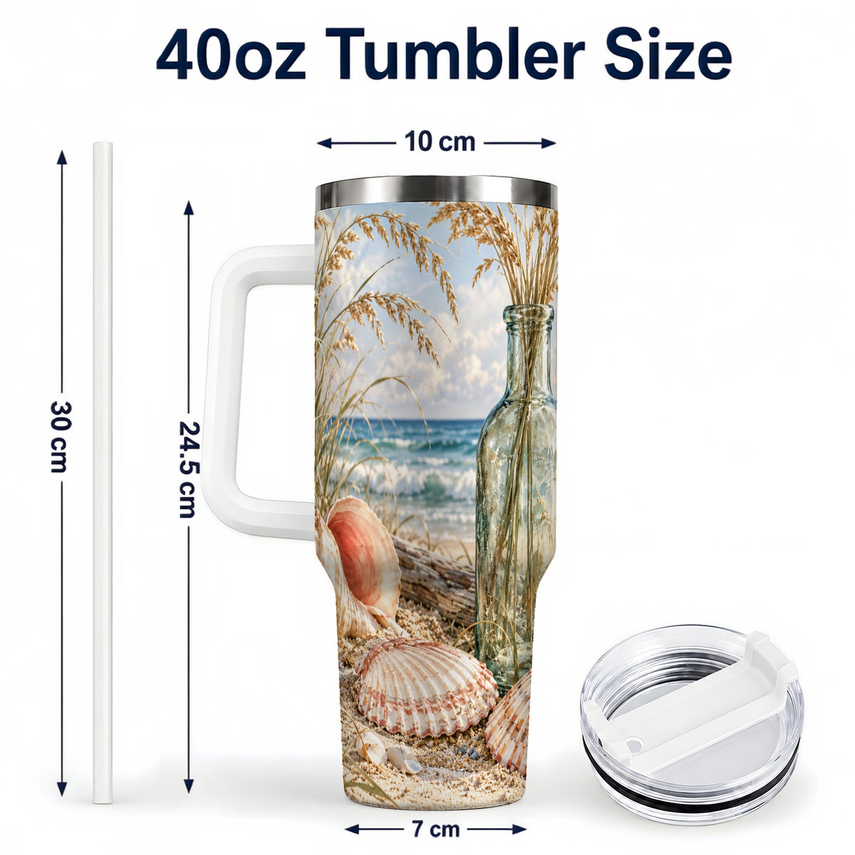 #pl[40oz|White] Sea Oats Seashell 40oz Tumbler with Handle, Stainless Steel Travel Cup