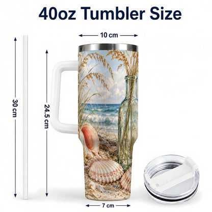 #pl[40oz|White] Sea Oats Seashell 40oz Tumbler with Handle, Stainless Steel Travel Cup