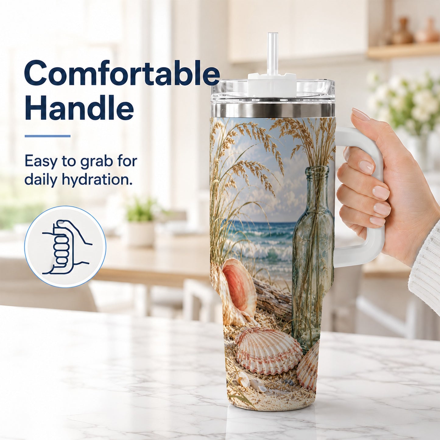 #pl[40oz|White] Sea Oats Seashell 40oz Tumbler with Handle, Stainless Steel Travel Cup