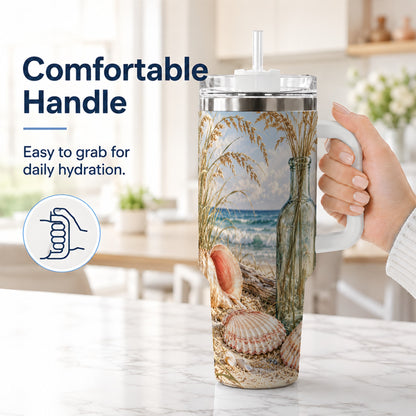 #pl[40oz|White] Sea Oats Seashell 40oz Tumbler with Handle, Stainless Steel Travel Cup