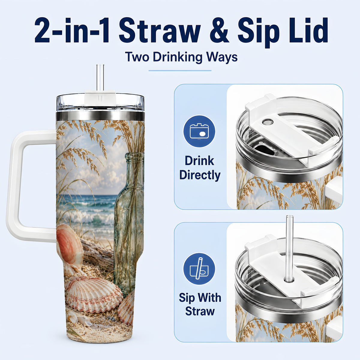 #pl[40oz|White] Sea Oats Seashell 40oz Tumbler with Handle, Stainless Steel Travel Cup