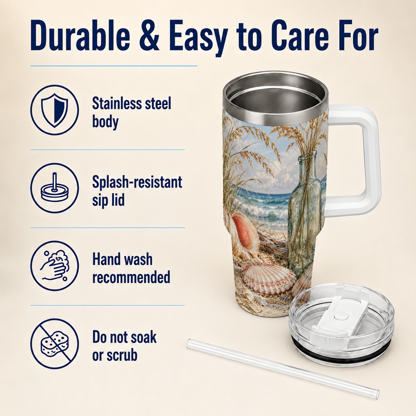 #pl[40oz|White] Sea Oats Seashell 40oz Tumbler with Handle, Stainless Steel Travel Cup