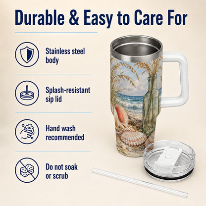 #pl[40oz|White] Sea Oats Seashell 40oz Tumbler with Handle, Stainless Steel Travel Cup