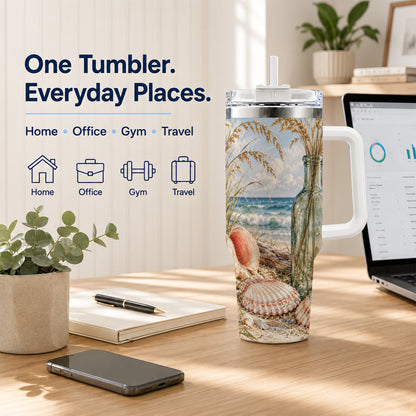 #pl[40oz|White] Sea Oats Seashell 40oz Tumbler with Handle, Stainless Steel Travel Cup