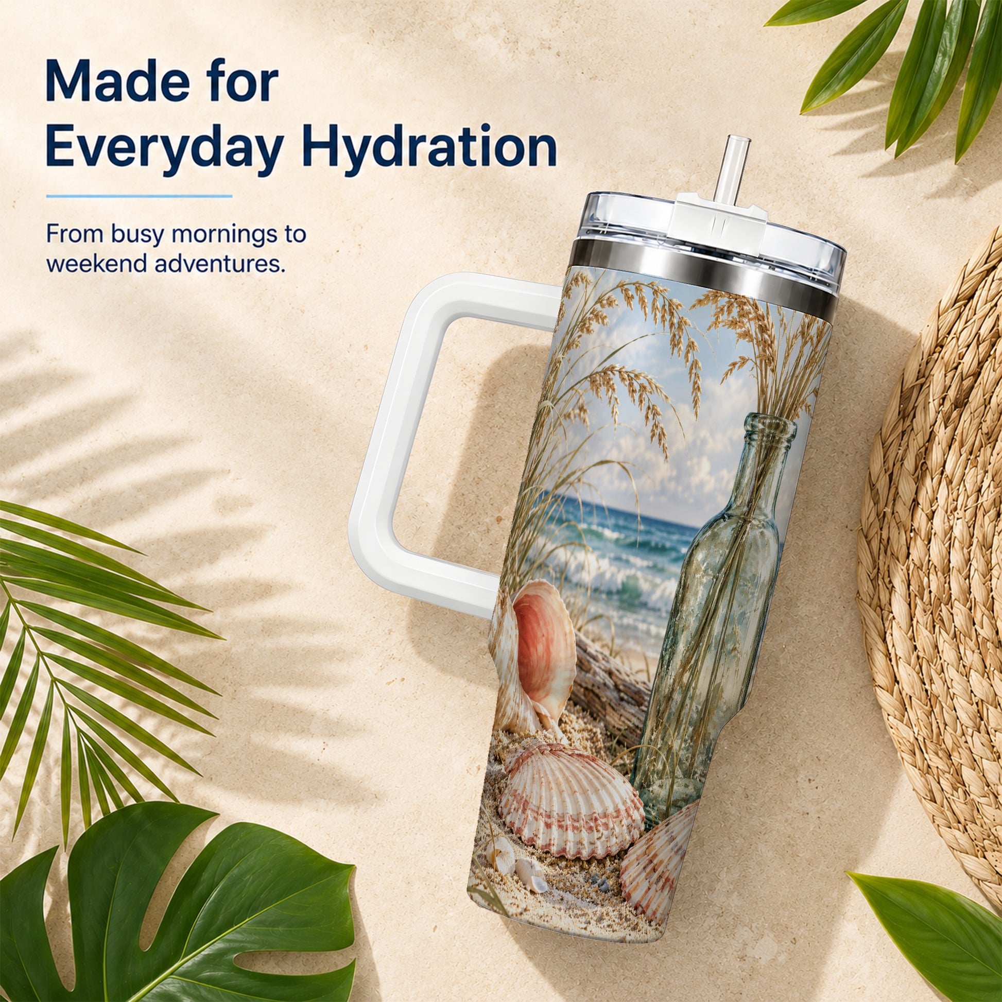 #pl[40oz|White] Sea Oats Seashell 40oz Tumbler with Handle, Stainless Steel Travel Cup