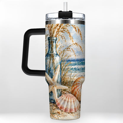 #pl[40oz|Black] Watercolor Seashell 40oz Tumbler with Handle, Stainless Steel Travel Cup