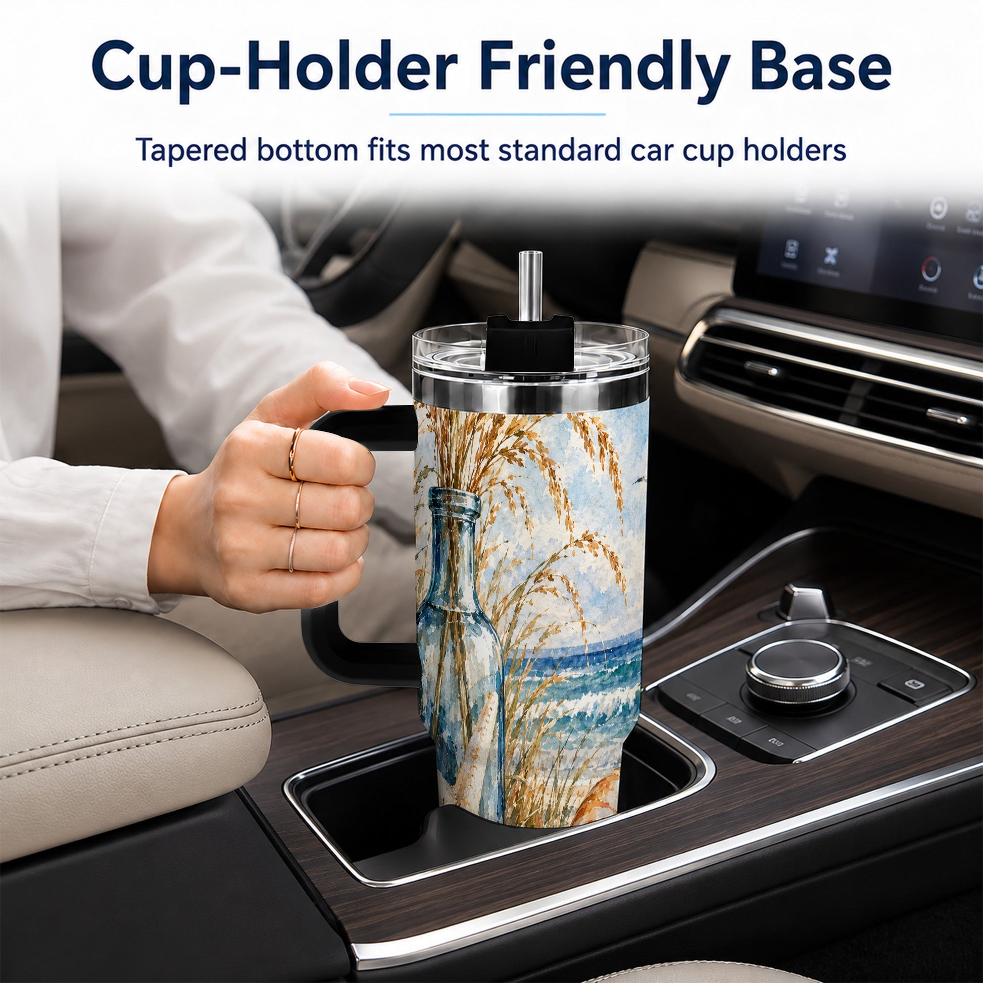 #pl[40oz|Black] Watercolor Seashell 40oz Tumbler with Handle, Stainless Steel Travel Cup