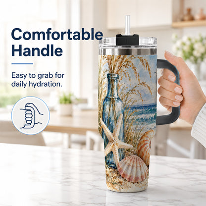 #pl[40oz|Black] Watercolor Seashell 40oz Tumbler with Handle, Stainless Steel Travel Cup