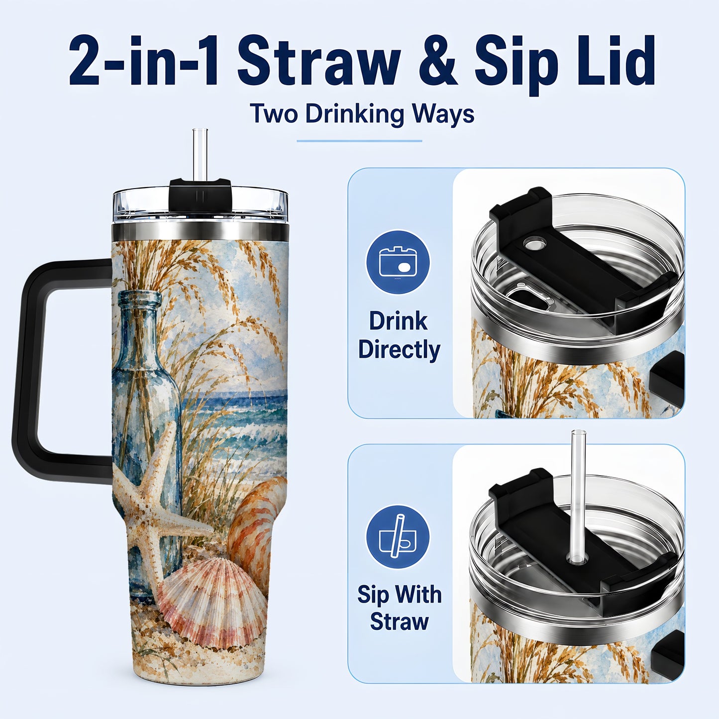 #pl[40oz|Black] Watercolor Seashell 40oz Tumbler with Handle, Stainless Steel Travel Cup