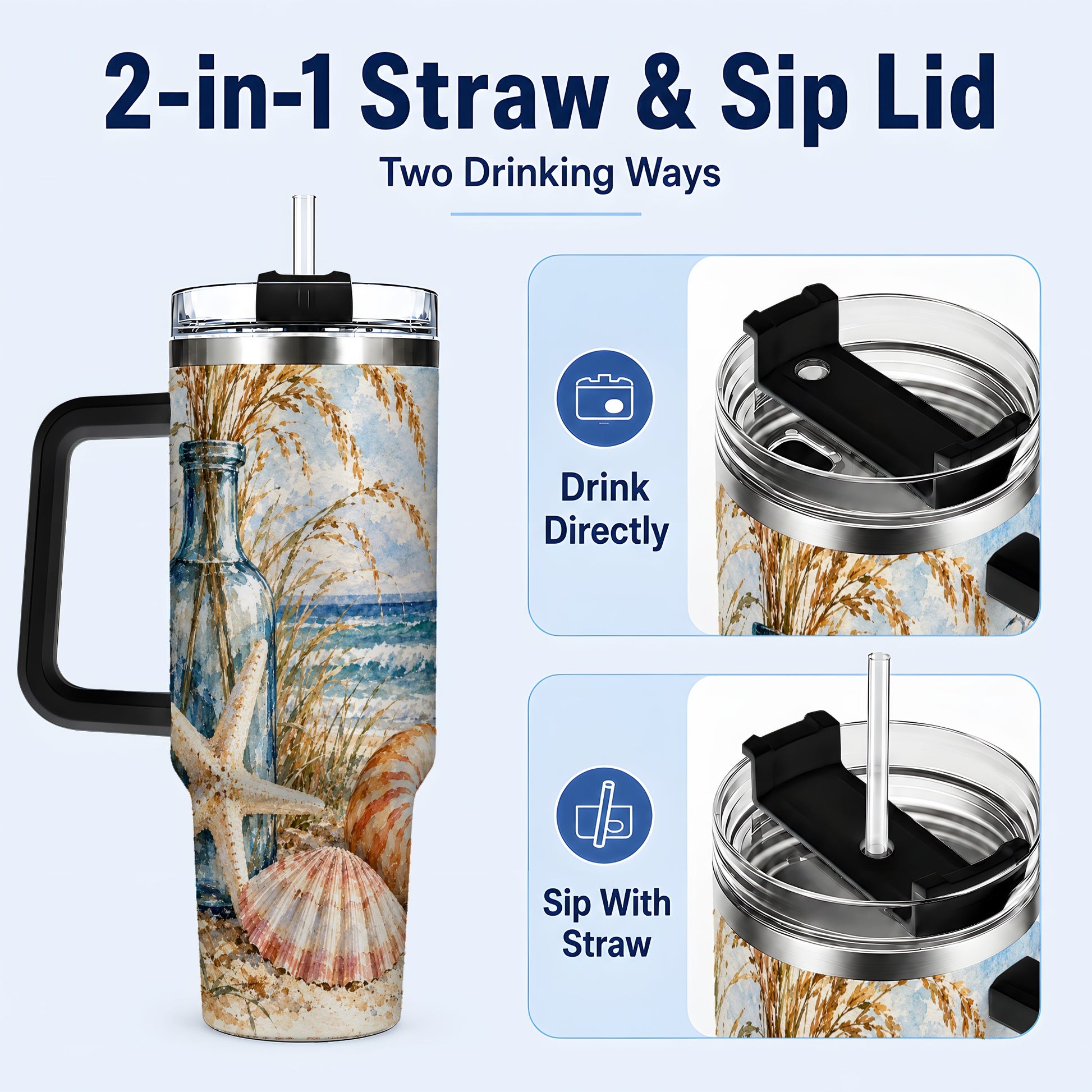 #pl[40oz|Black] Watercolor Seashell 40oz Tumbler with Handle, Stainless Steel Travel Cup