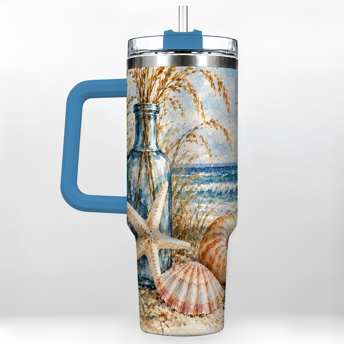 #pl[40oz|Blue] Watercolor Seashell 40oz Tumbler with Handle, Stainless Steel Travel Cup