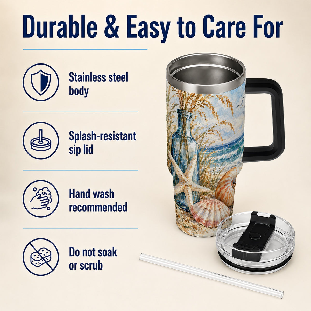 #pl[40oz|Black] Watercolor Seashell 40oz Tumbler with Handle, Stainless Steel Travel Cup