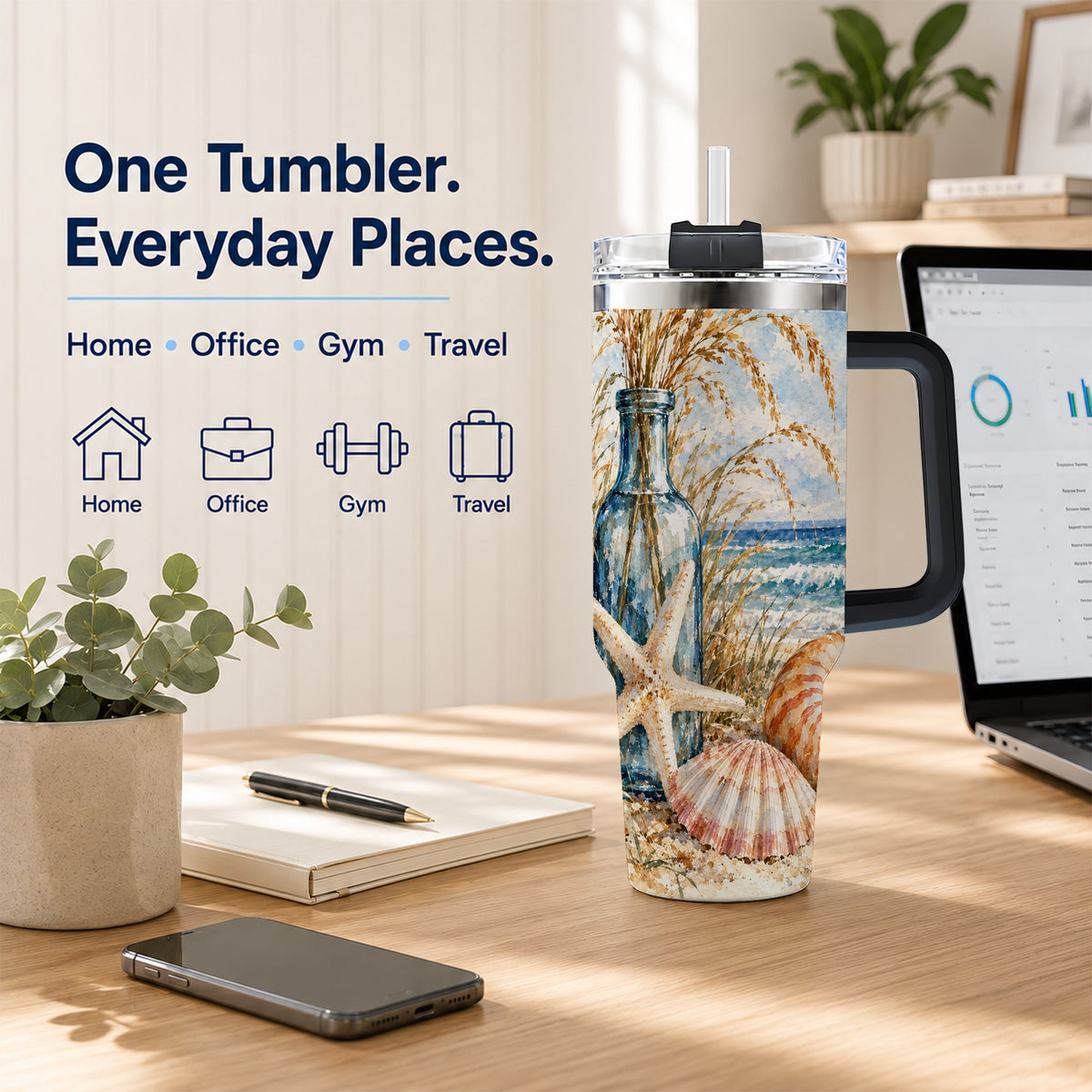 #pl[40oz|Black] Watercolor Seashell 40oz Tumbler with Handle, Stainless Steel Travel Cup