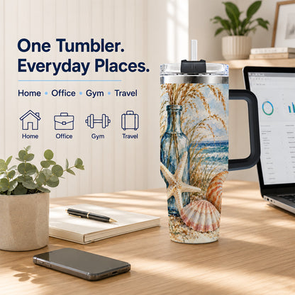 #pl[40oz|Black] Watercolor Seashell 40oz Tumbler with Handle, Stainless Steel Travel Cup