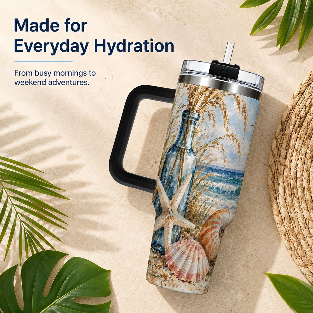 #pl[40oz|Black] Watercolor Seashell 40oz Tumbler with Handle, Stainless Steel Travel Cup