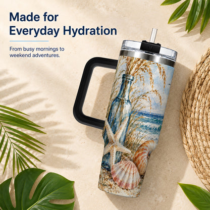 #pl[40oz|Black] Watercolor Seashell 40oz Tumbler with Handle, Stainless Steel Travel Cup