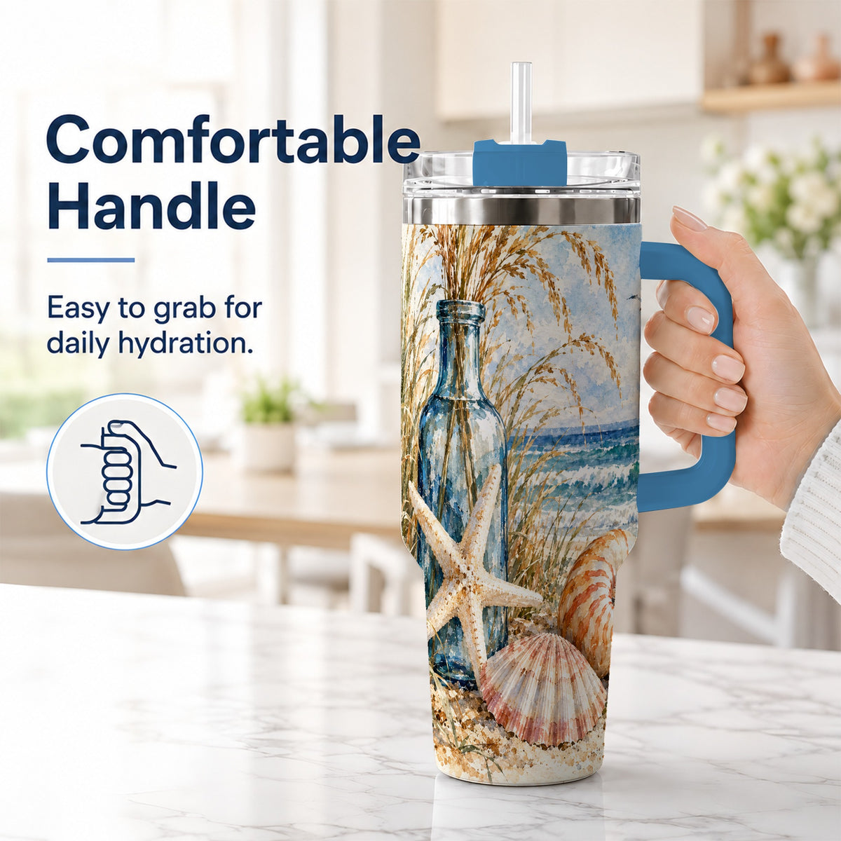 #pl[40oz|Blue] Watercolor Seashell 40oz Tumbler with Handle, Stainless Steel Travel Cup