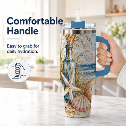 #pl[40oz|Blue] Watercolor Seashell 40oz Tumbler with Handle, Stainless Steel Travel Cup