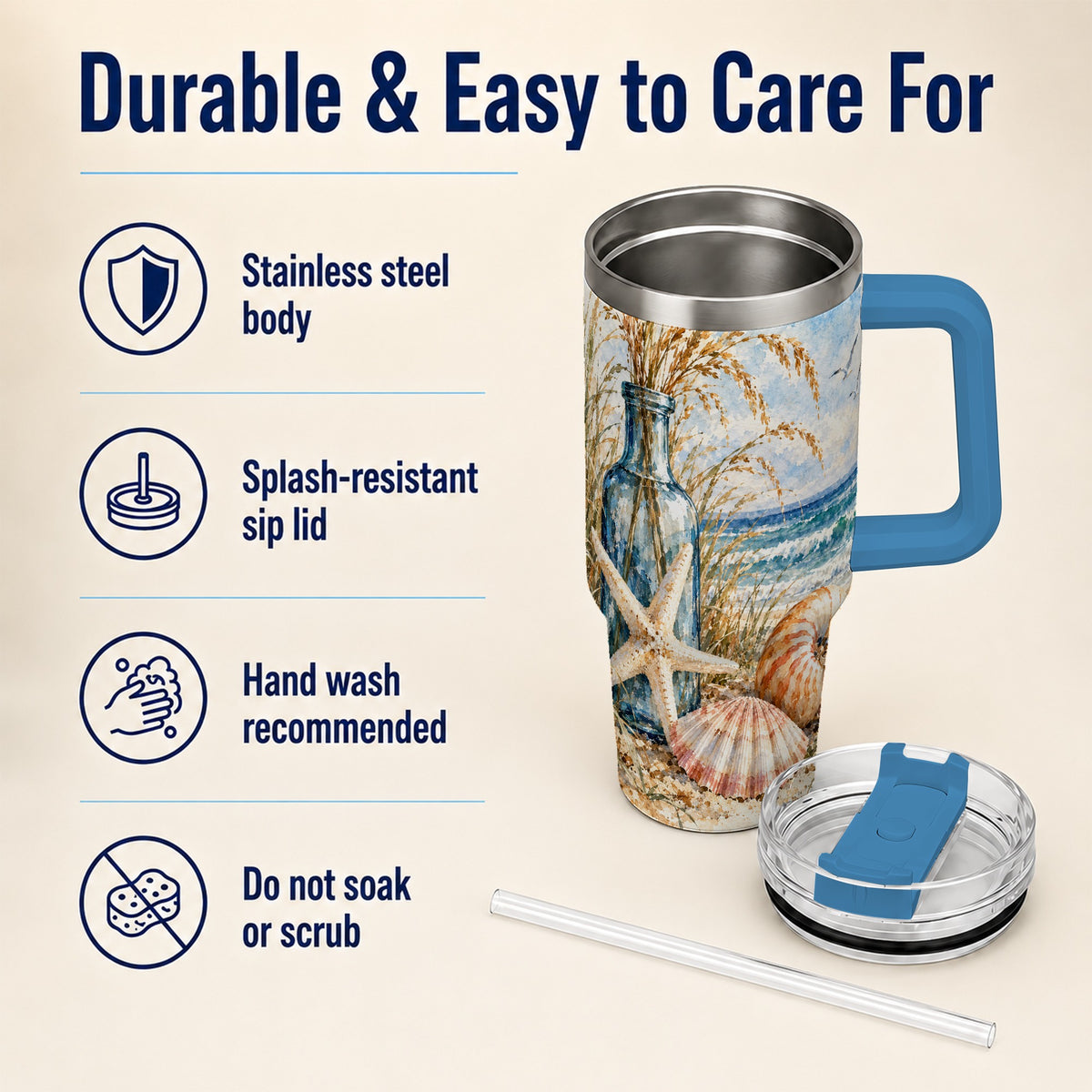 #pl[40oz|Blue] Watercolor Seashell 40oz Tumbler with Handle, Stainless Steel Travel Cup