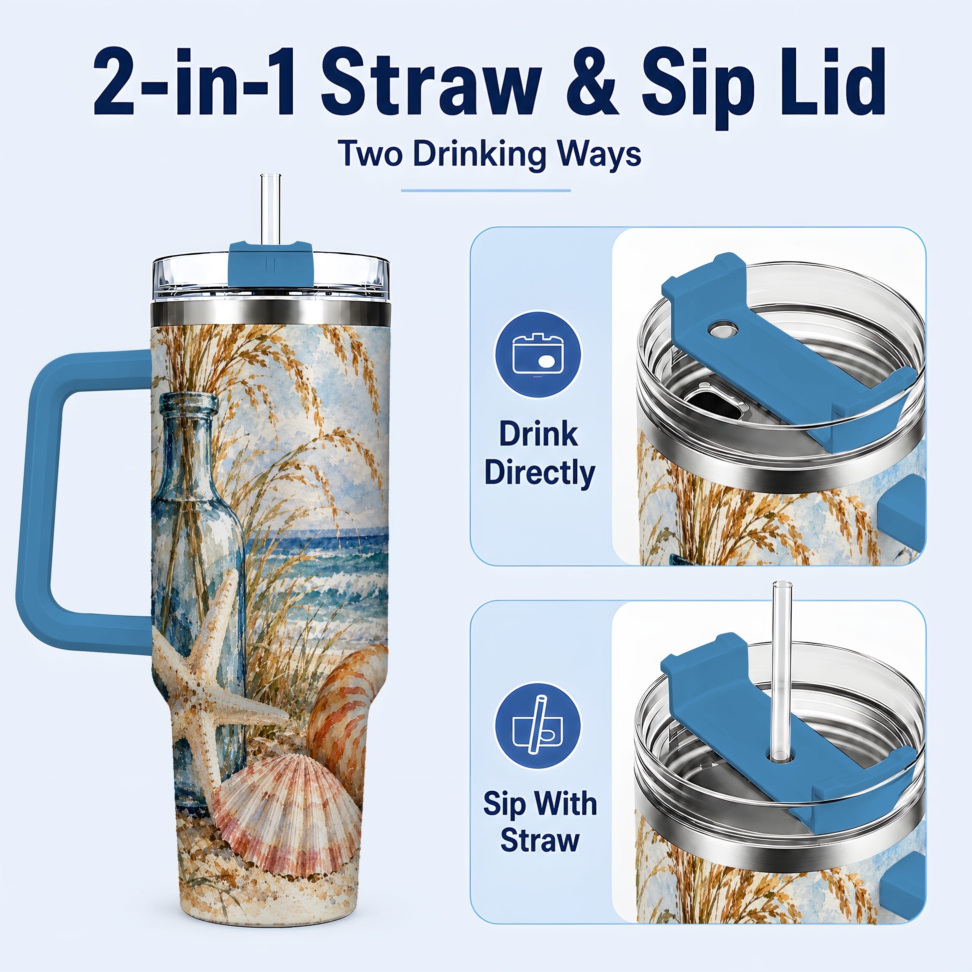 #pl[40oz|Blue] Watercolor Seashell 40oz Tumbler with Handle, Stainless Steel Travel Cup