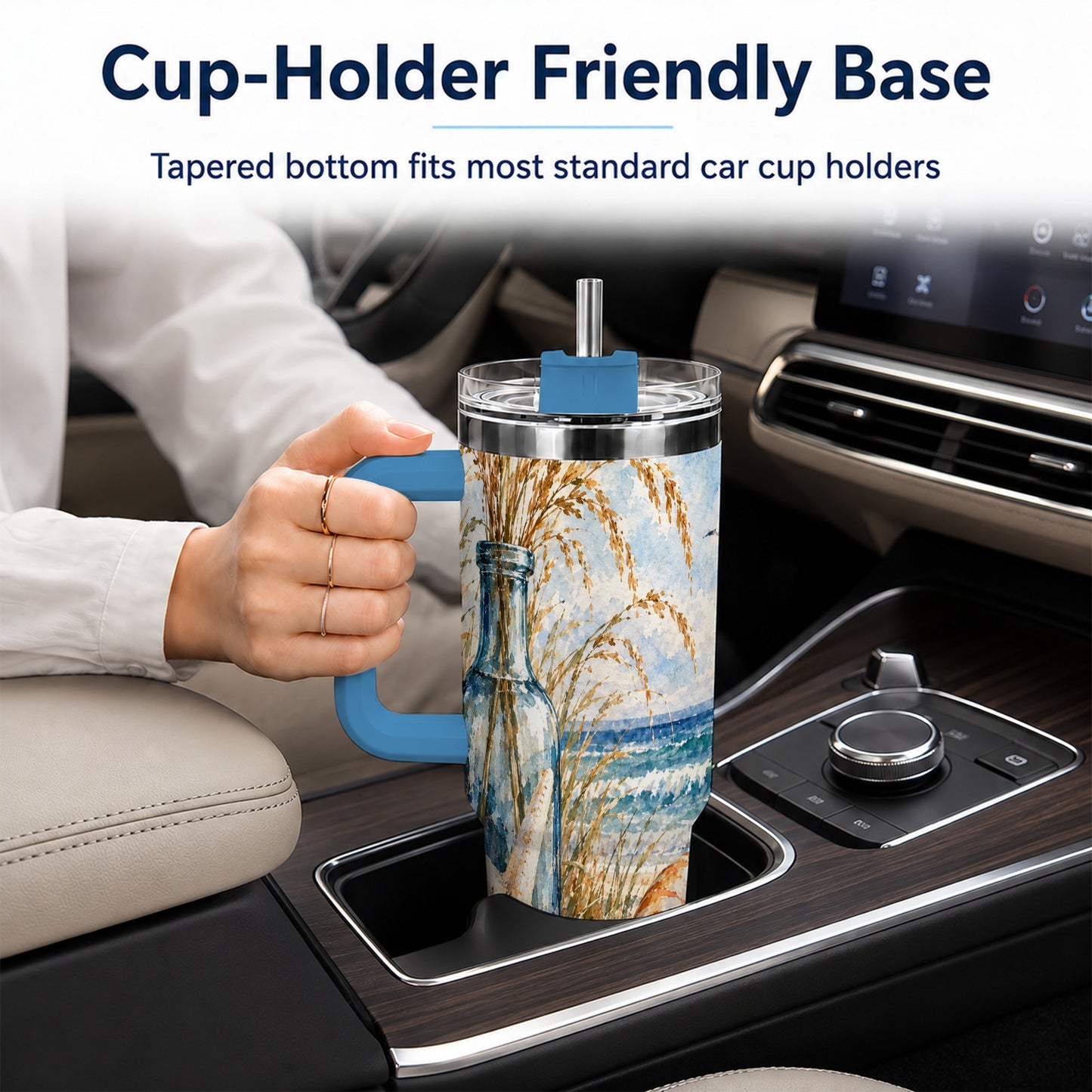 #pl[40oz|Blue] Watercolor Seashell 40oz Tumbler with Handle, Stainless Steel Travel Cup