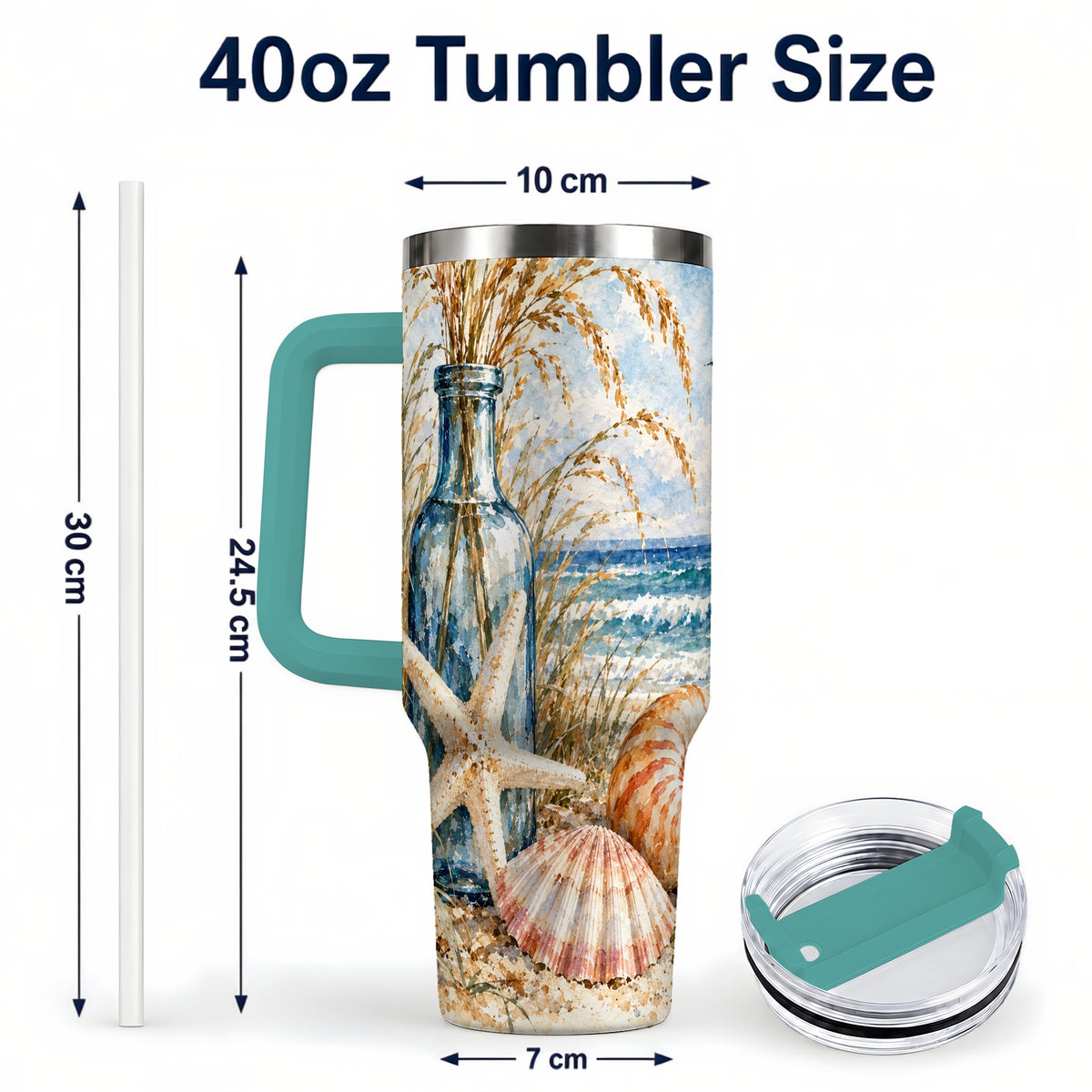 #pl[40oz|Green] Watercolor Seashell 40oz Tumbler with Handle, Stainless Steel Travel Cup