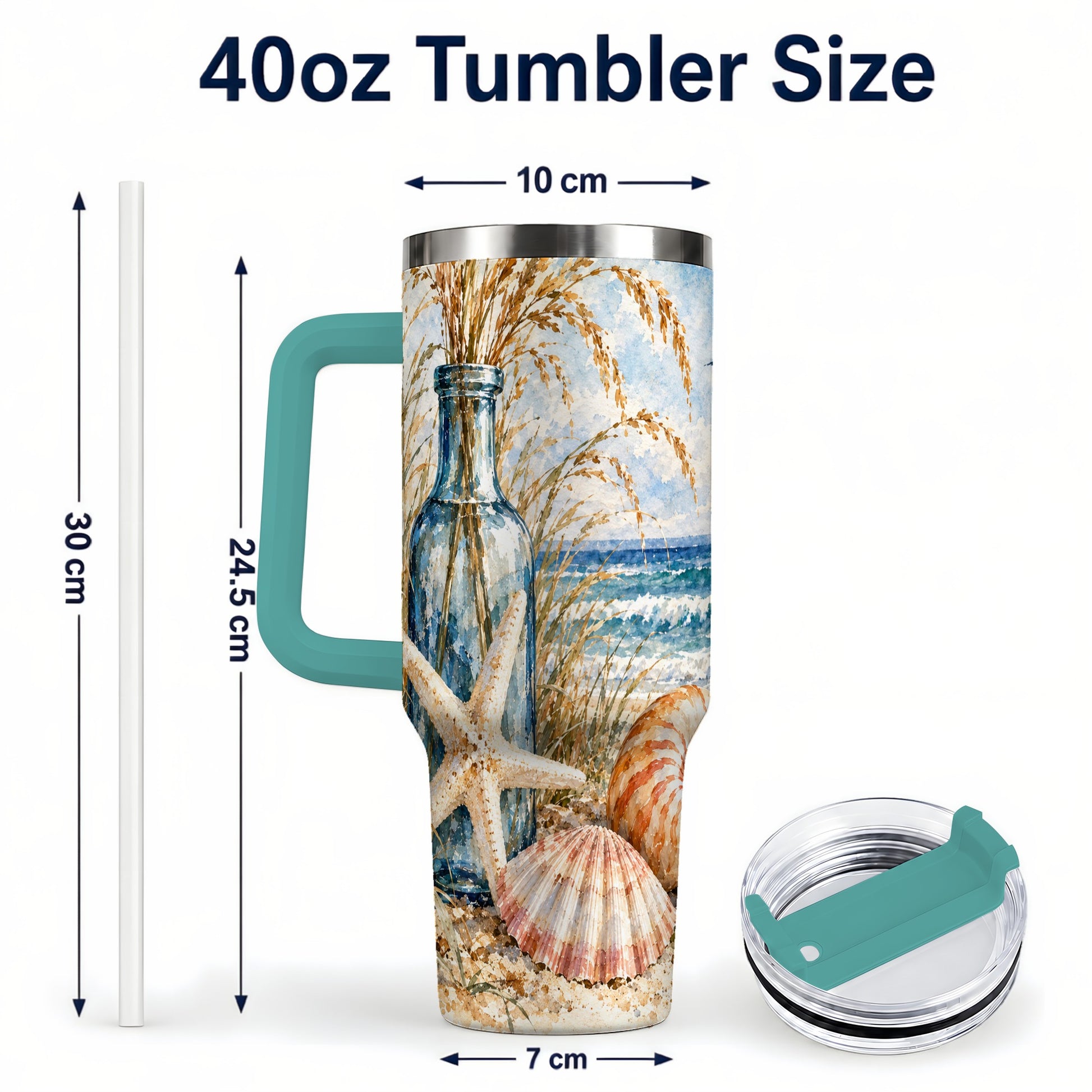 #pl[40oz|Green] Watercolor Seashell 40oz Tumbler with Handle, Stainless Steel Travel Cup