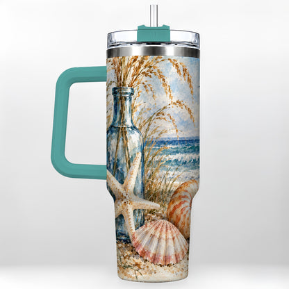 #pl[40oz|Green] Watercolor Seashell 40oz Tumbler with Handle, Stainless Steel Travel Cup