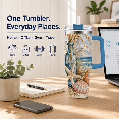 #pl[40oz|Blue] Watercolor Seashell 40oz Tumbler with Handle, Stainless Steel Travel Cup