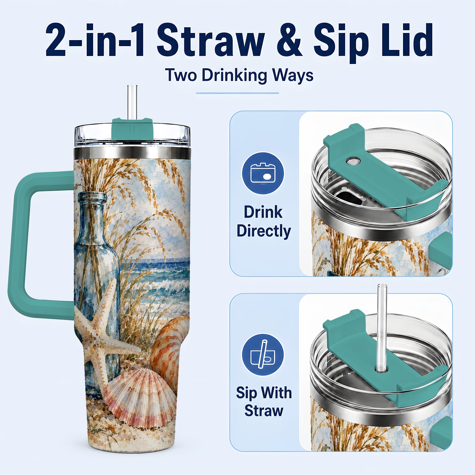 #pl[40oz|Green] Watercolor Seashell 40oz Tumbler with Handle, Stainless Steel Travel Cup