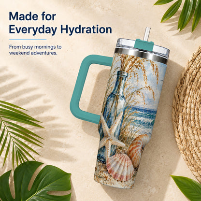 #pl[40oz|Green] Watercolor Seashell 40oz Tumbler with Handle, Stainless Steel Travel Cup