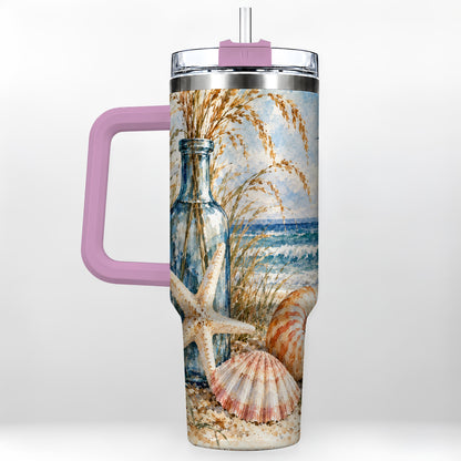 #pl[40oz|Pink] Watercolor Seashell 40oz Tumbler with Handle, Stainless Steel Travel Cup