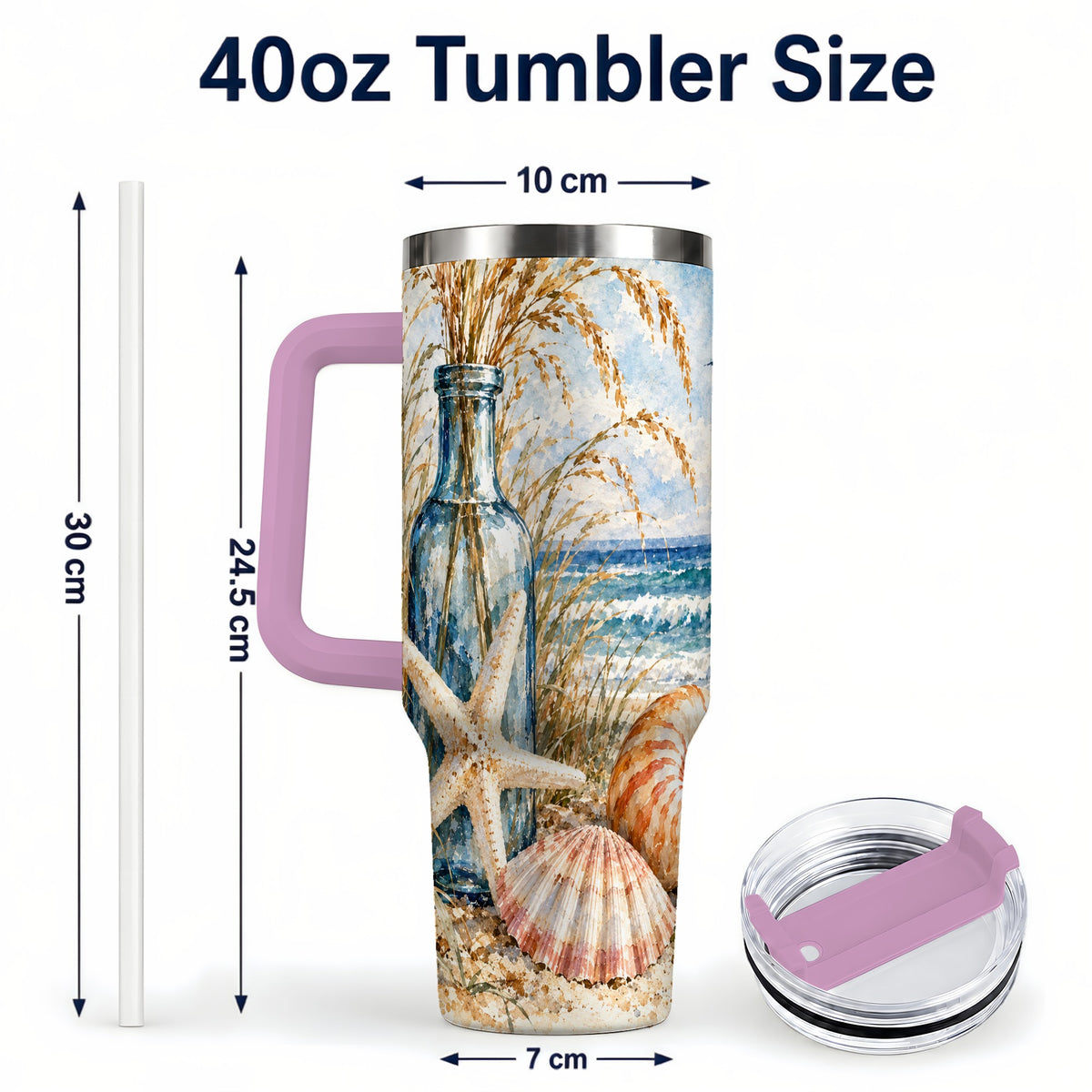 #pl[40oz|Pink] Watercolor Seashell 40oz Tumbler with Handle, Stainless Steel Travel Cup