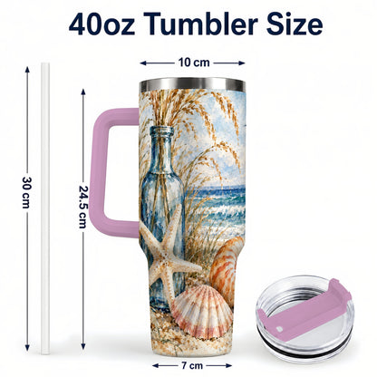 #pl[40oz|Pink] Watercolor Seashell 40oz Tumbler with Handle, Stainless Steel Travel Cup
