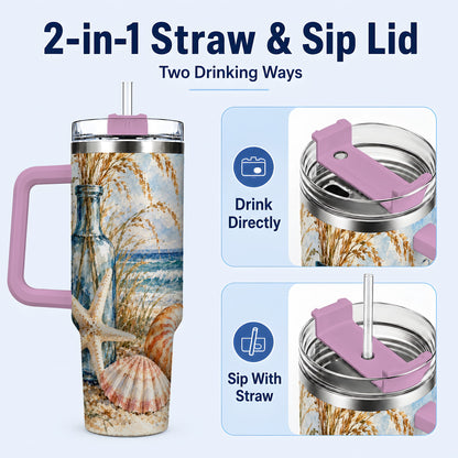 #pl[40oz|Pink] Watercolor Seashell 40oz Tumbler with Handle, Stainless Steel Travel Cup