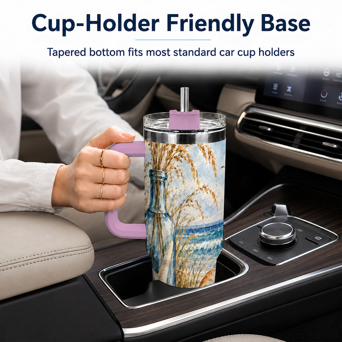 #pl[40oz|Pink] Watercolor Seashell 40oz Tumbler with Handle, Stainless Steel Travel Cup