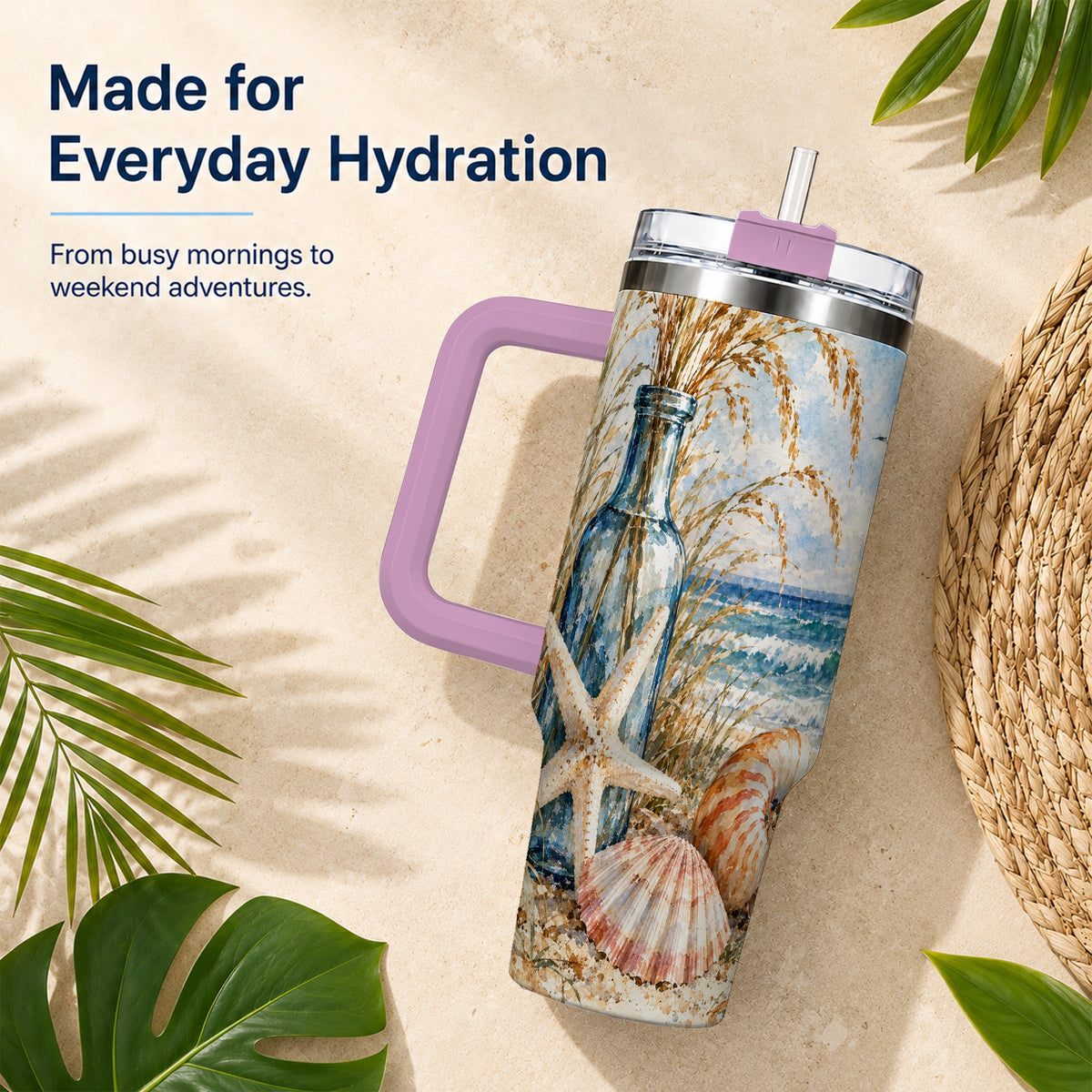 #pl[40oz|Pink] Watercolor Seashell 40oz Tumbler with Handle, Stainless Steel Travel Cup