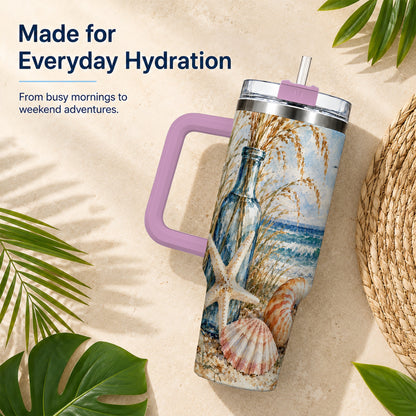 #pl[40oz|Pink] Watercolor Seashell 40oz Tumbler with Handle, Stainless Steel Travel Cup