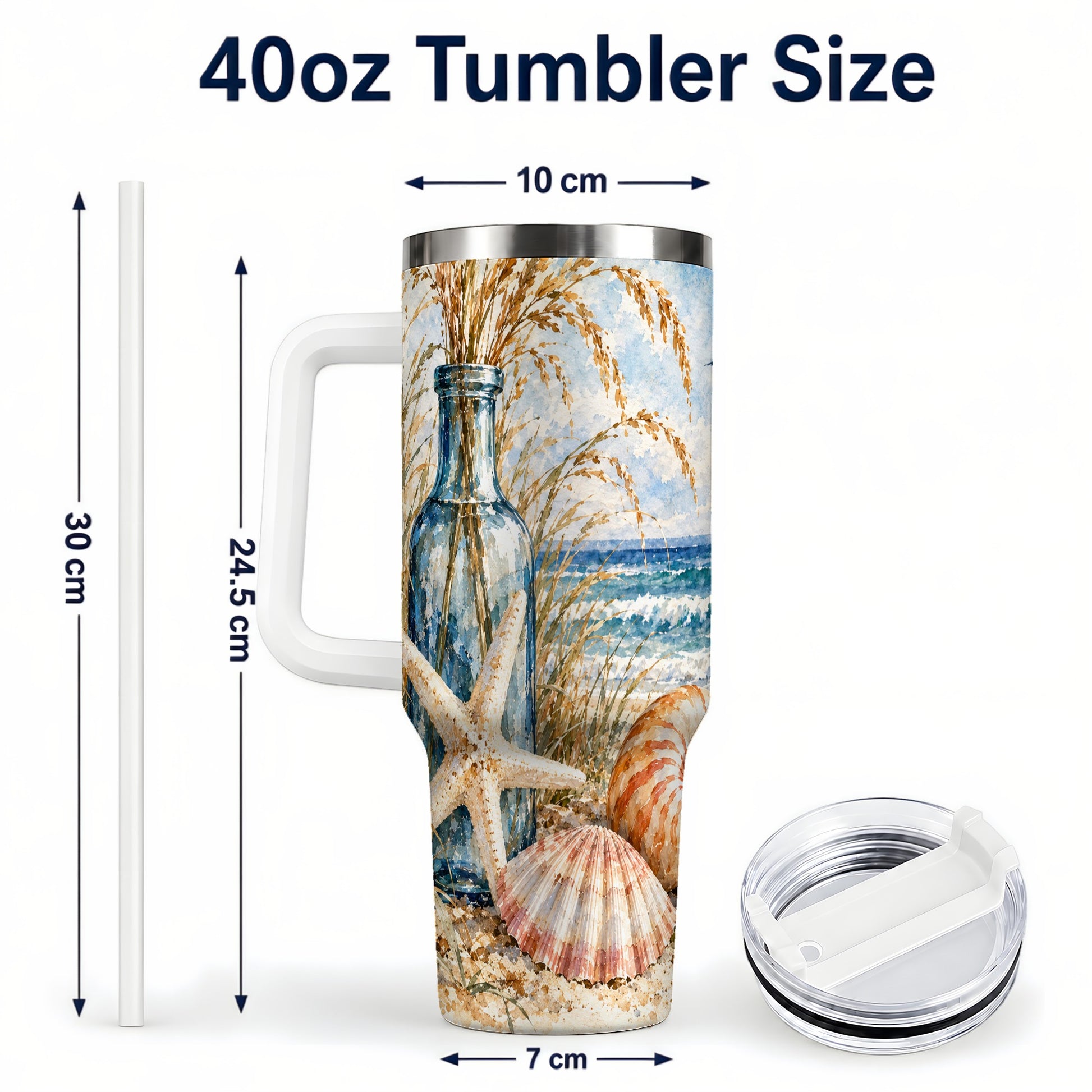 #pl[40oz|White] Watercolor Seashell 40oz Tumbler with Handle, Stainless Steel Travel Cup