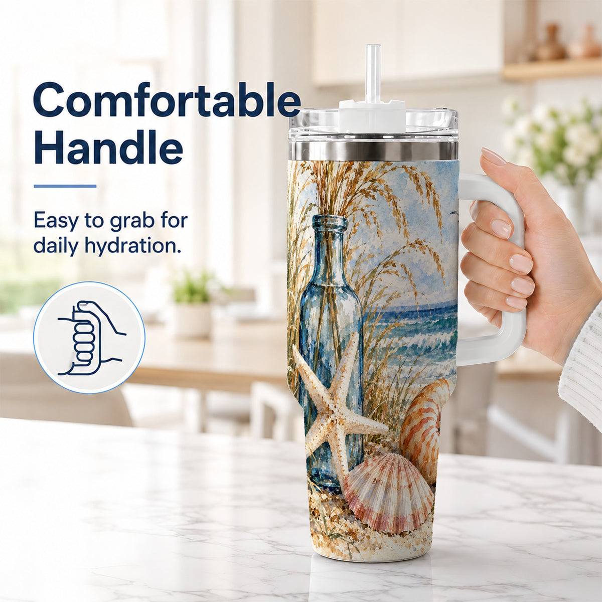 #pl[40oz|White] Watercolor Seashell 40oz Tumbler with Handle, Stainless Steel Travel Cup